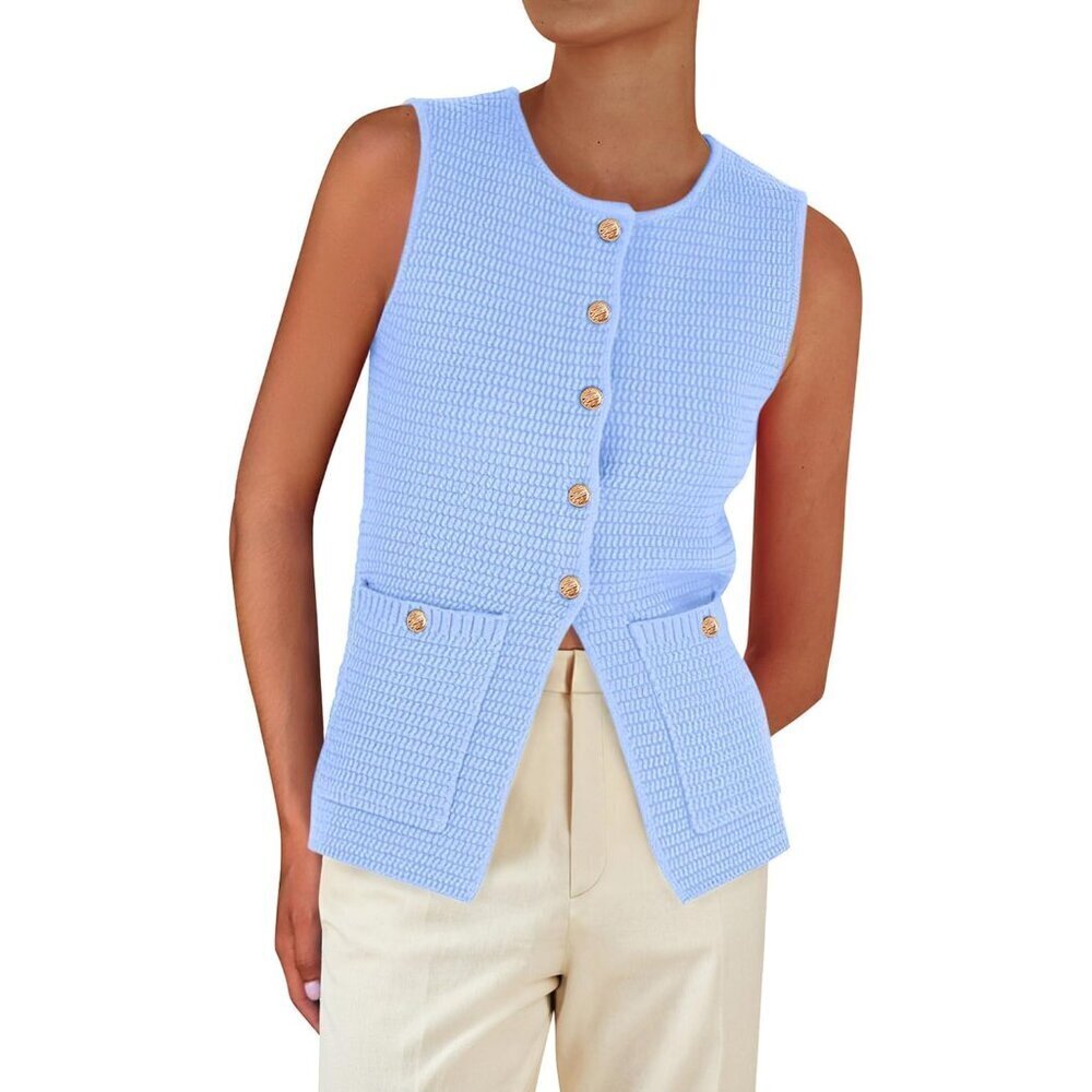 Women's Knit Sweater Vest Light Blue Xx-Large Sleeveless Button Casual